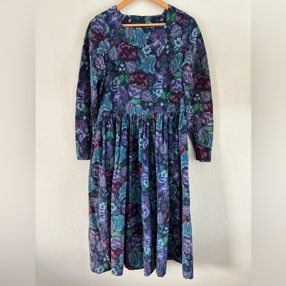 VTG Laura Ashley Floral Corduroy Midi Dress Made In Great Britain Size: 12